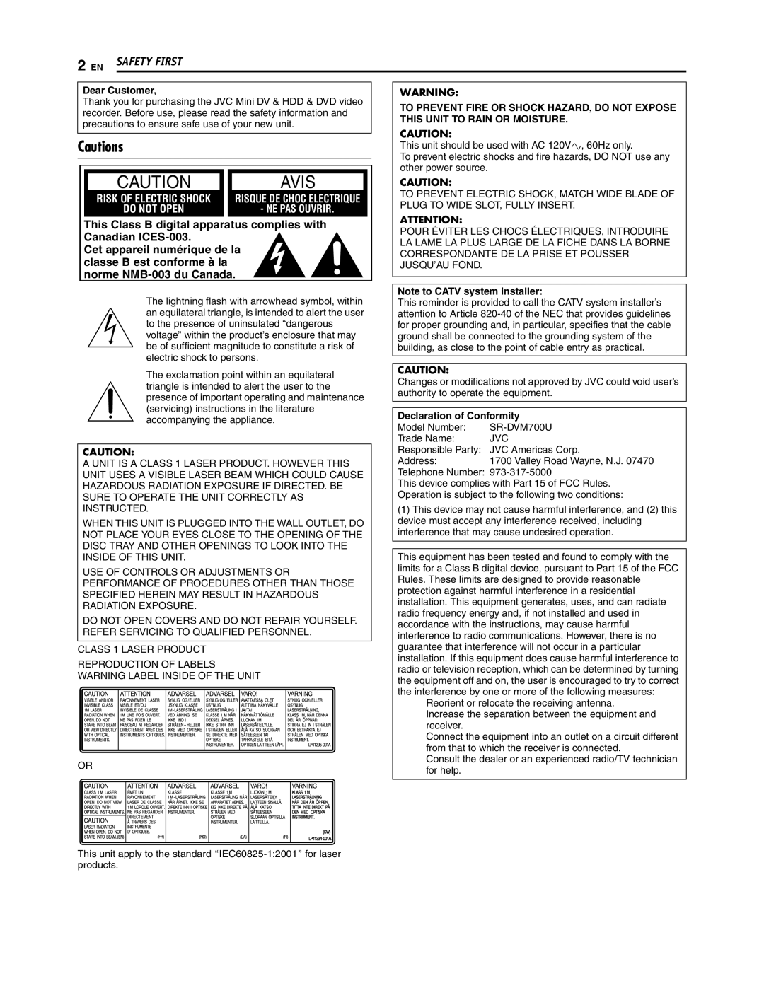 JVC SR-DVM700U manual Dear Customer, Declaration of Conformity, Jvc 