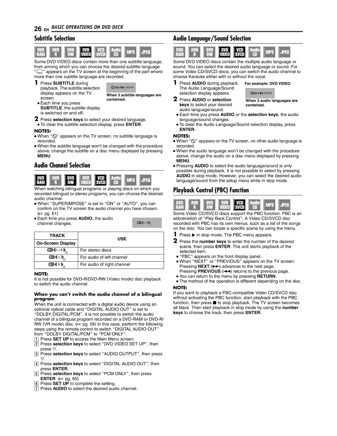 JVC SR-DVM700U Subtitle Selection Audio Language/Sound Selection, Audio Channel Selection, Playback Control PBC Function 