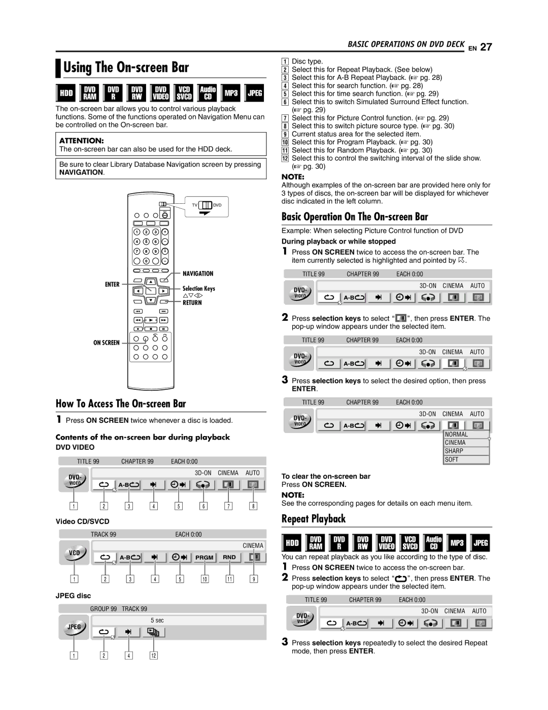 JVC SR-DVM700U manual Basic Operation On The On-screen Bar, How To Access The On-screen Bar, Repeat Playback, Navigation 