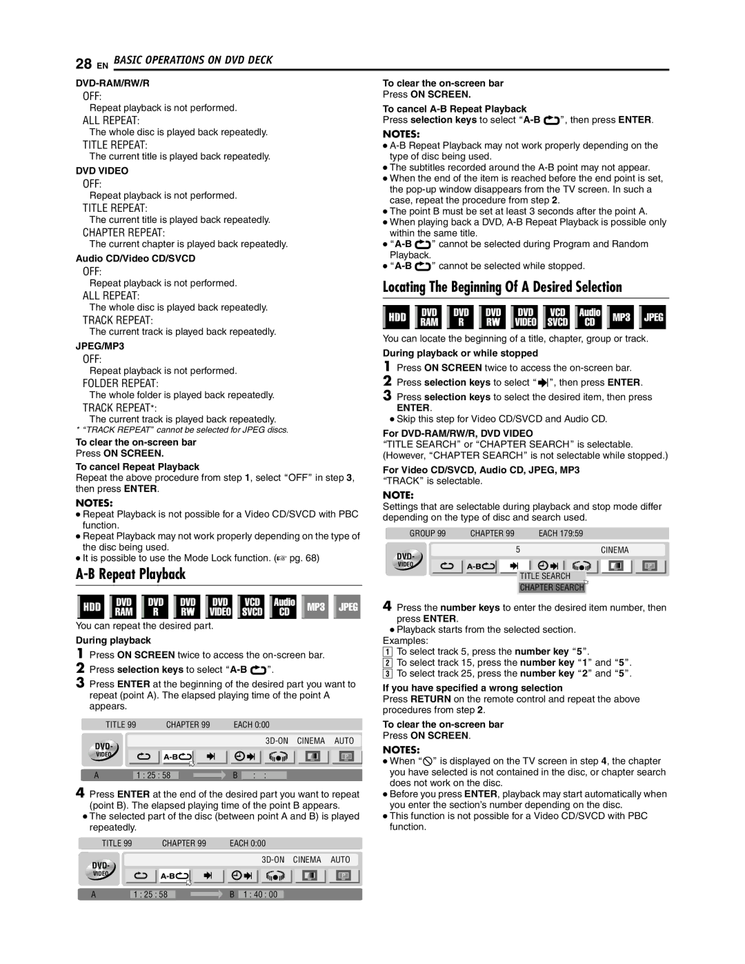 JVC SR-DVM700U manual Locating The Beginning Of a Desired Selection, Dvd-Ram/Rw/R, JPEG/MP3 