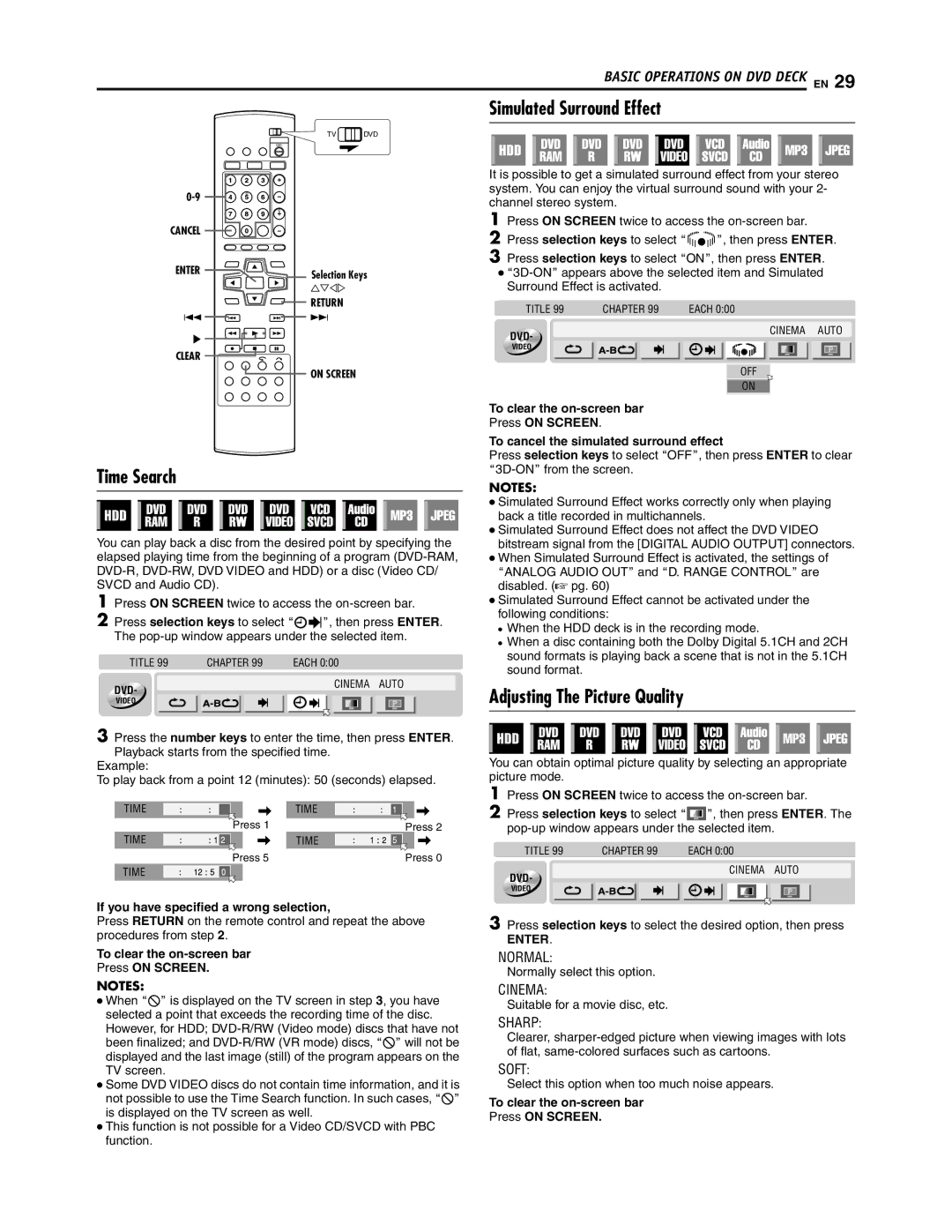 JVC SR-DVM700U manual Simulated Surround Effect, Time Search, Adjusting The Picture Quality 