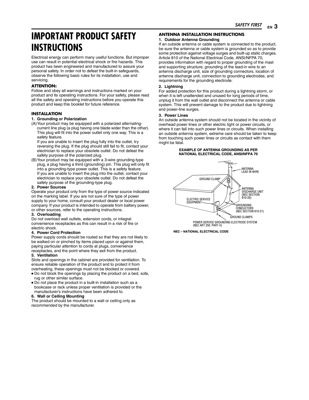 JVC SR-DVM700U Outdoor Antenna Grounding, Lightning, Power Lines, Grounding or Polarization, Power Sources, Overloading 