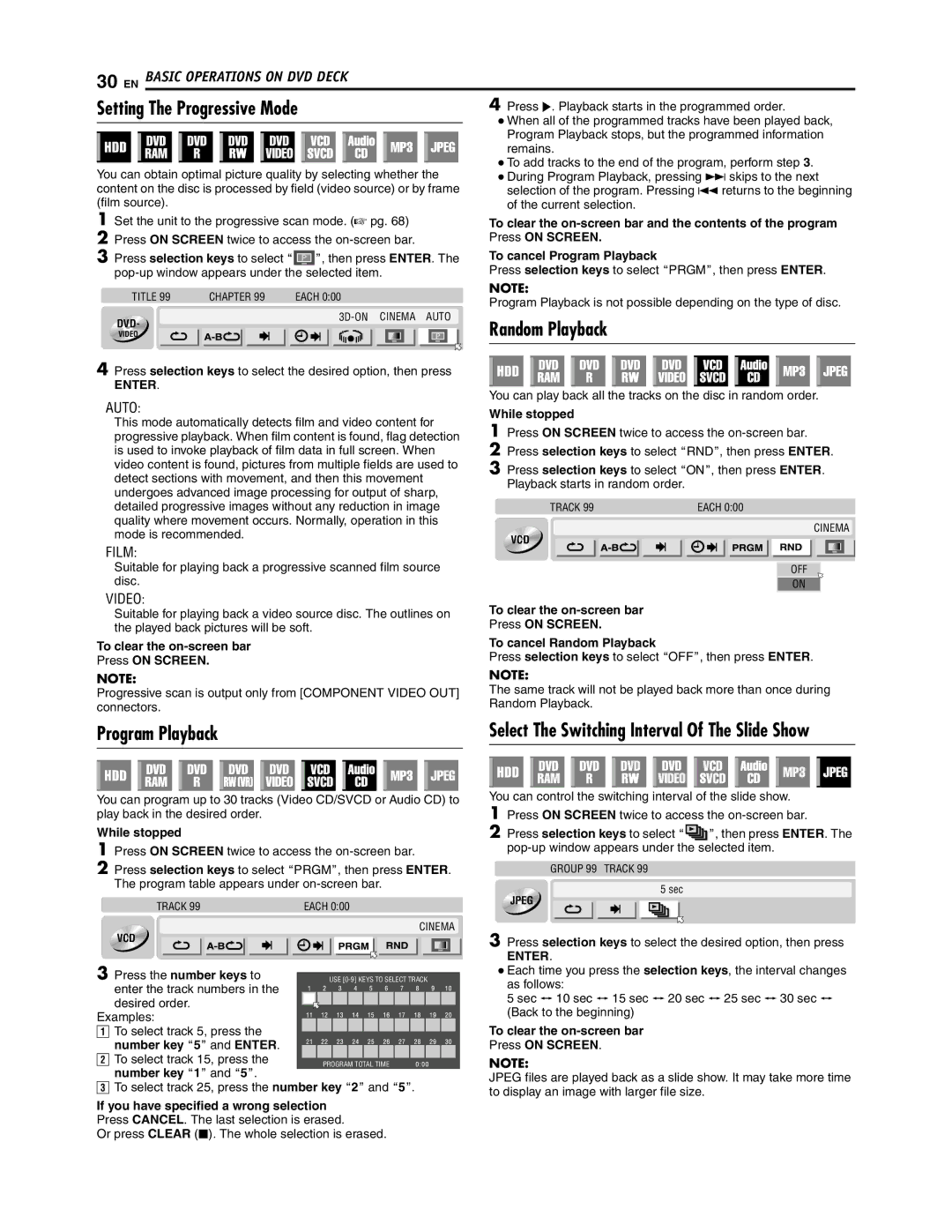 JVC SR-DVM700U manual Setting The Progressive Mode, Random Playback, Program Playback 