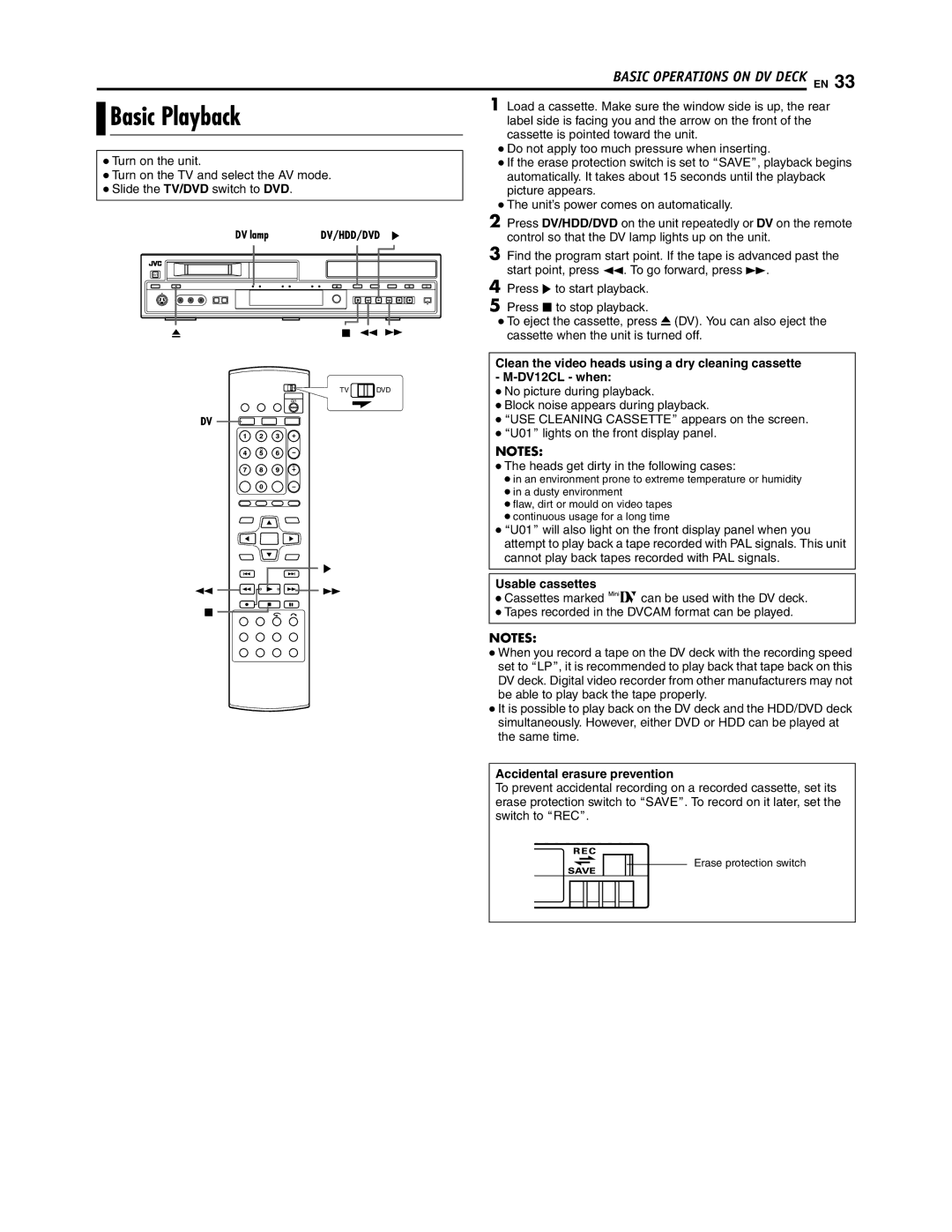 JVC SR-DVM700U manual Usable cassettes, Accidental erasure prevention 