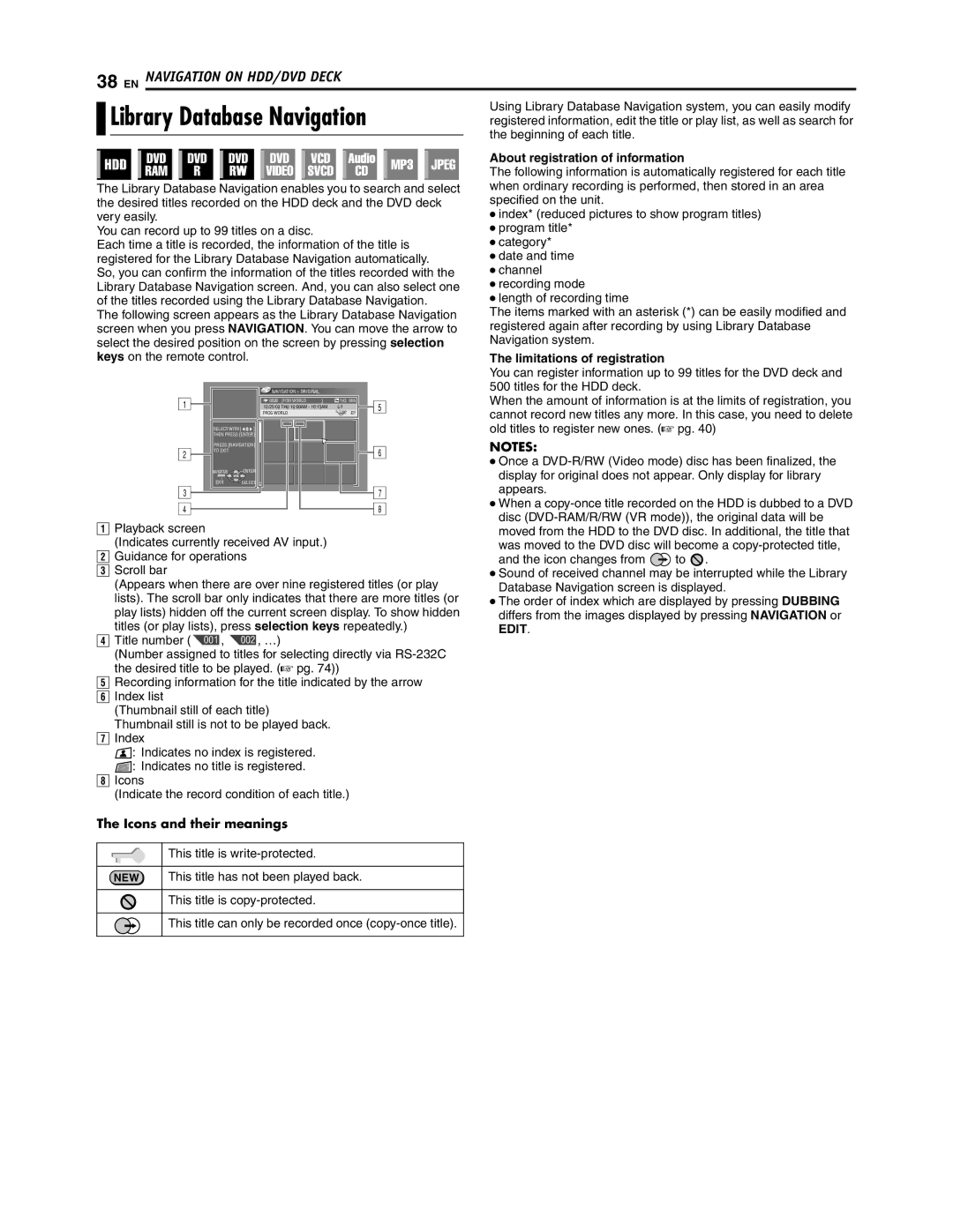 JVC SR-DVM700U manual Library Database Navigation, About registration of information, Keys Limitations of registration 