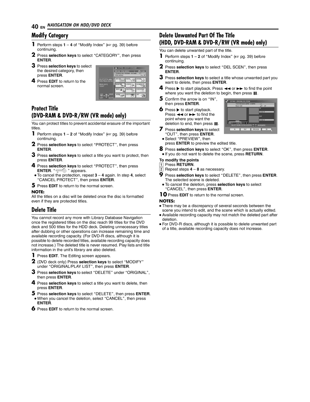 JVC SR-DVM700U manual Modify Category, Protect Title, Delete Title, To modify the points, Enter . a 