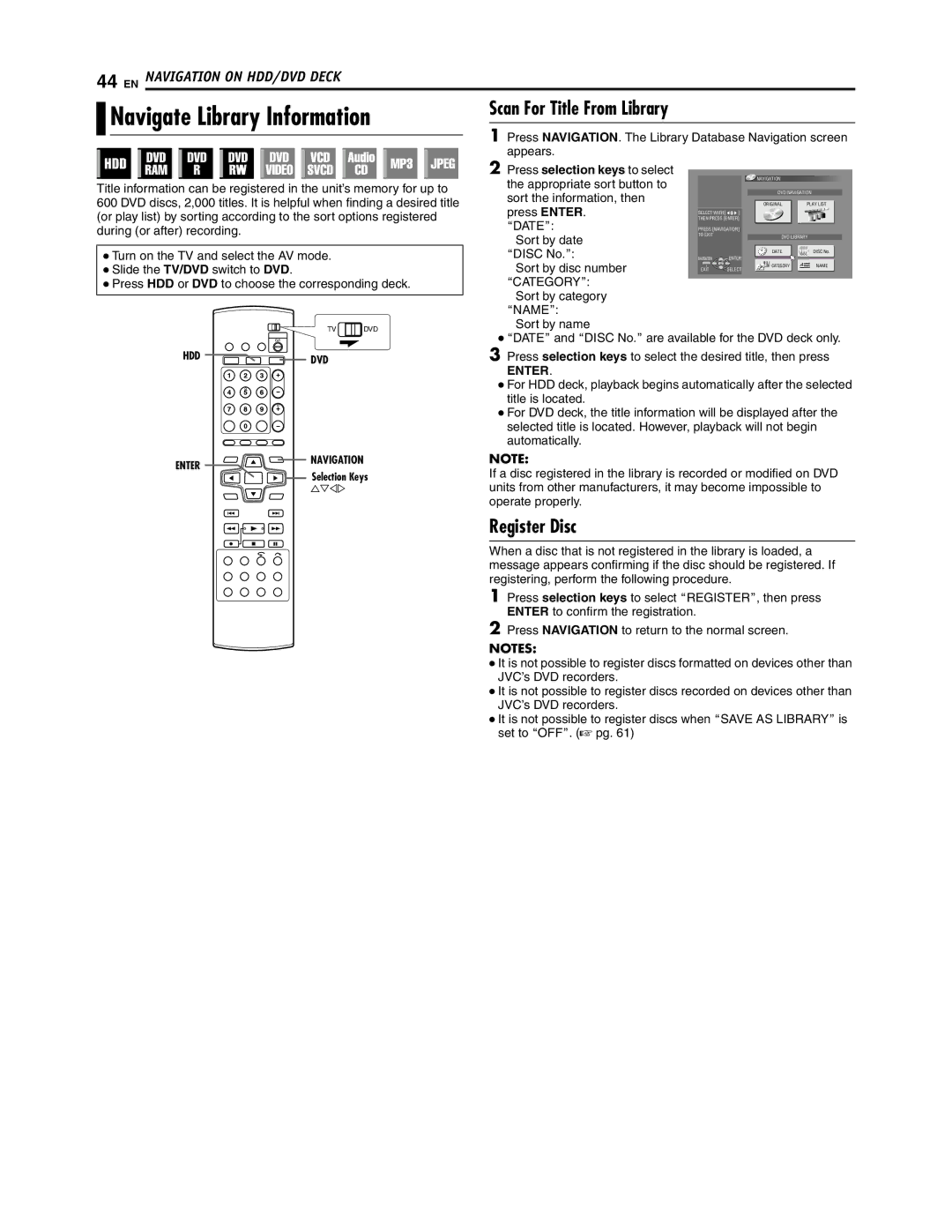 JVC SR-DVM700U manual Navigate Library Information, Scan For Title From Library, Register Disc 