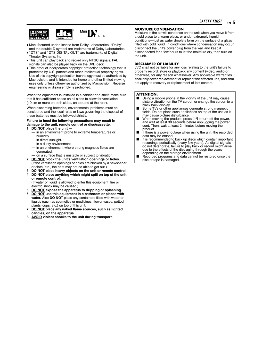 JVC SR-DVM700U manual Do not place the unit, Do not block the unit’s ventilation openings or holes 