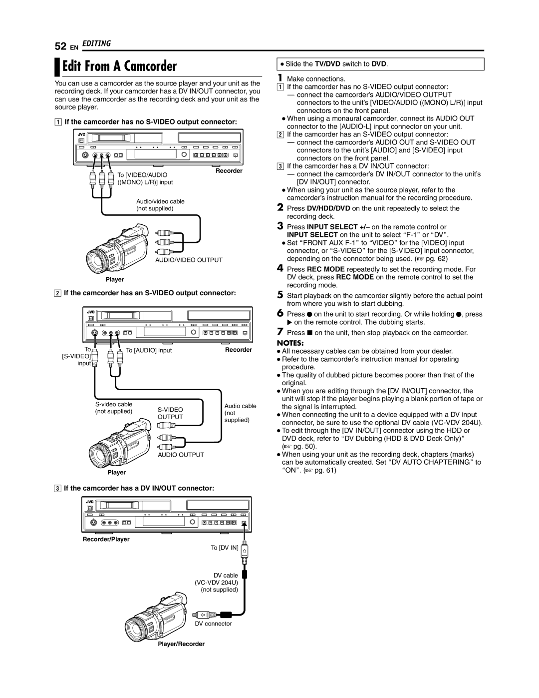 JVC SR-DVM700U manual Edit From a Camcorder, If the camcorder has no S-VIDEO output connector 