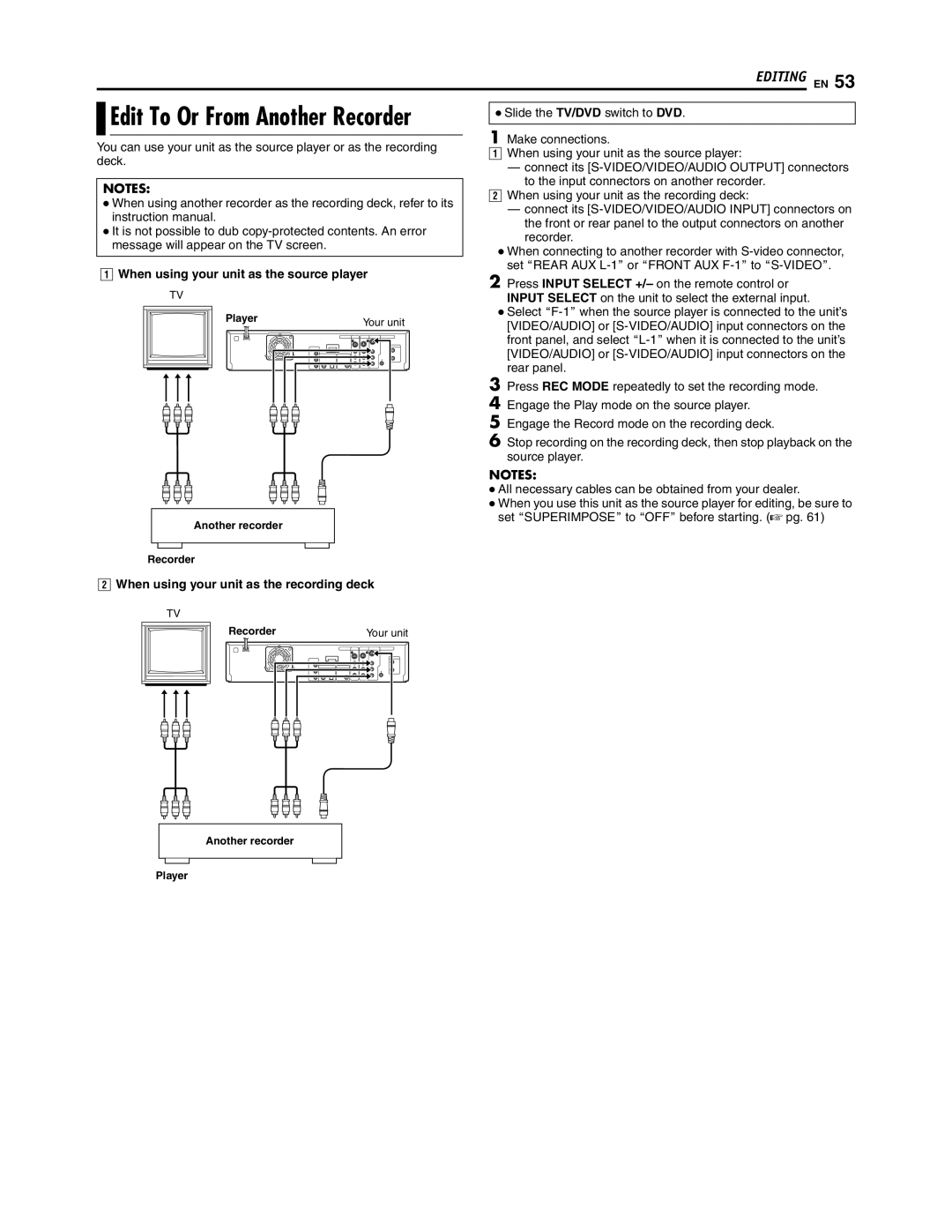 JVC SR-DVM700U manual When using your unit as the source player, When using your unit as the recording deck 