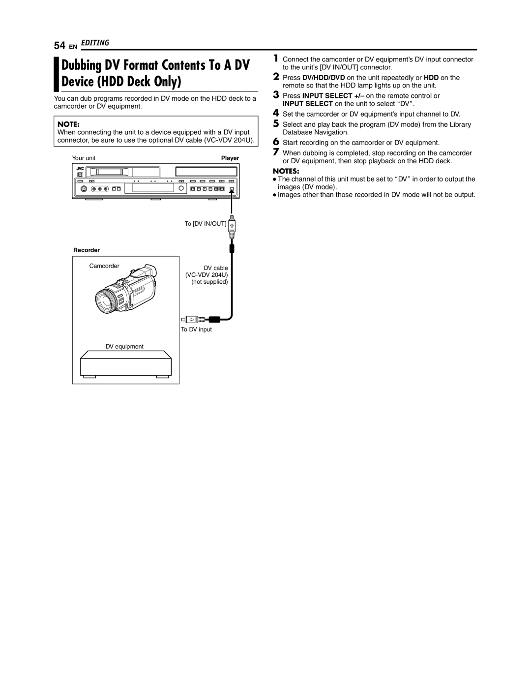 JVC SR-DVM700U manual Dubbing DV Format Contents To a DV Device HDD Deck Only 