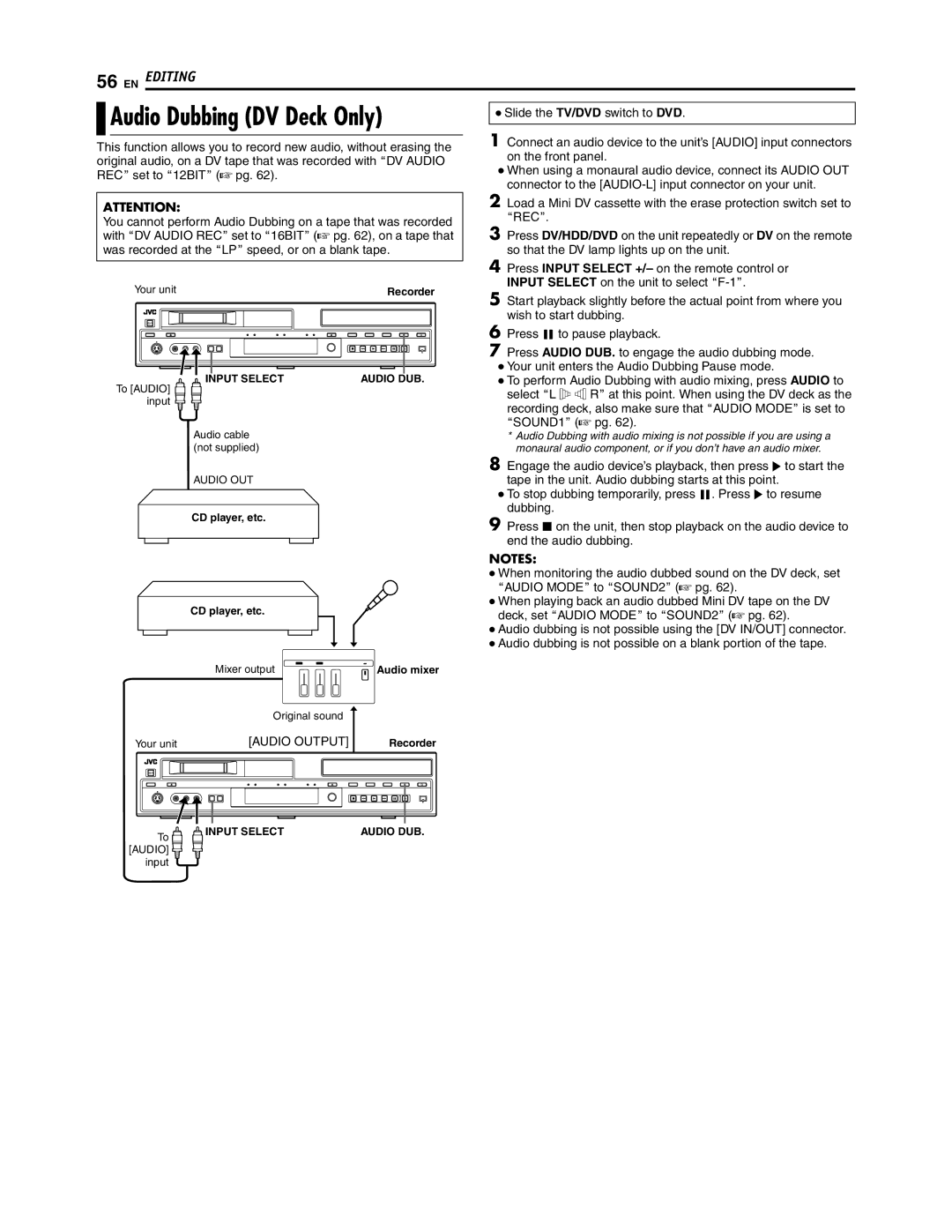 JVC SR-DVM700U manual Audio Dubbing DV Deck Only, Arecb, Input Select on the unit to select AF-1B, Audio Output 