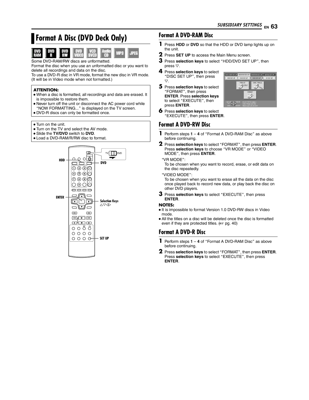 JVC SR-DVM700U manual Format a Disc DVD Deck Only, Format a DVD-RAM Disc, Format a DVD-RW Disc, Format a DVD-R Disc 