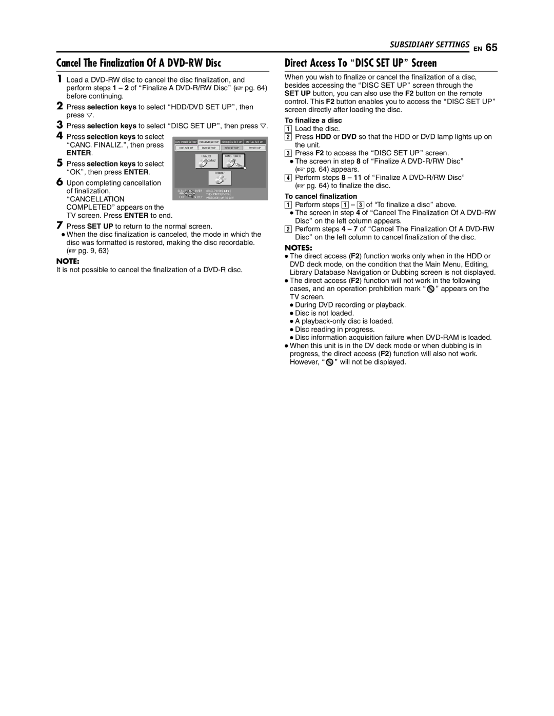 JVC SR-DVM700U manual Cancel The Finalization Of a DVD-RW Disc, To finalize a disc, To cancel finalization 