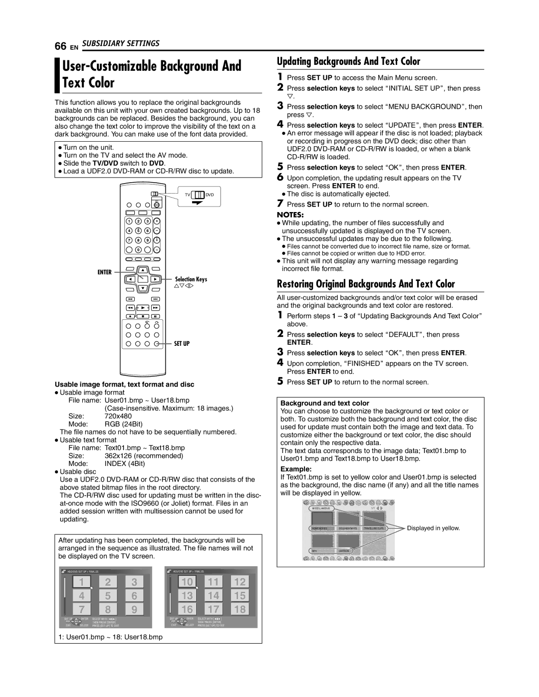 JVC SR-DVM700U manual Updating Backgrounds And Text Color, Usable image format, text format and disc 