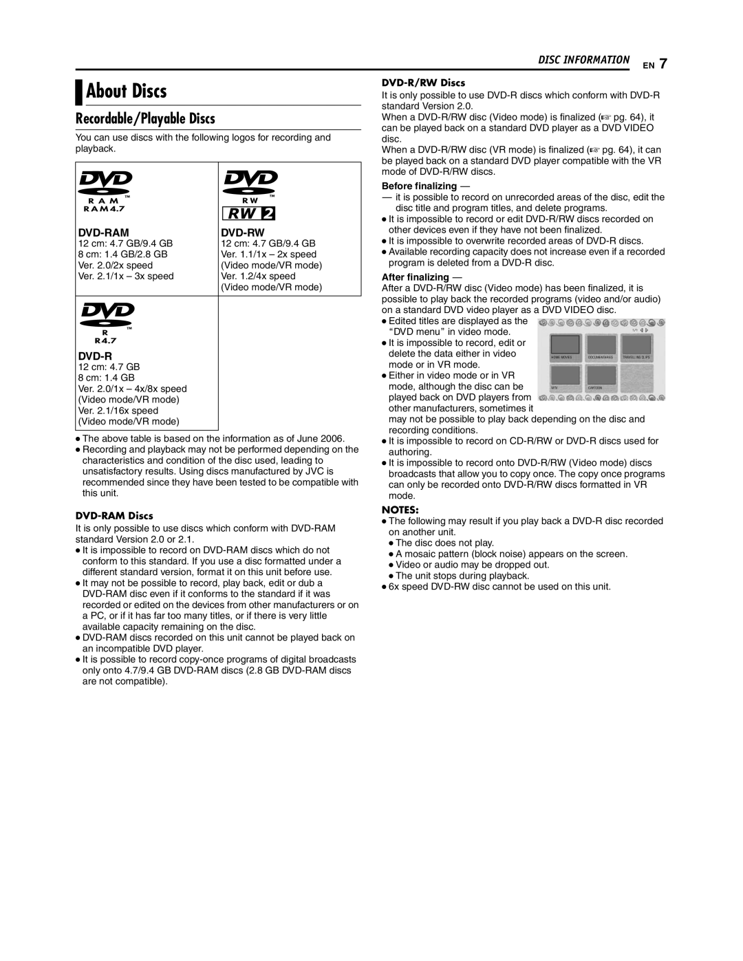 JVC SR-DVM700U manual About Discs, DVD-R/RW Discs, Before finalizing, After finalizing, DVD-RAM Discs 