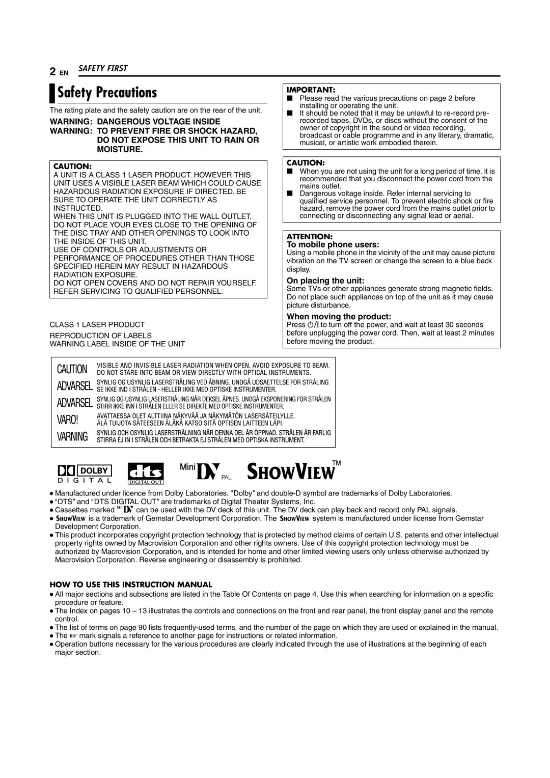 JVC SR-DVM70EU manual Safety Precautions, To mobile phone users 