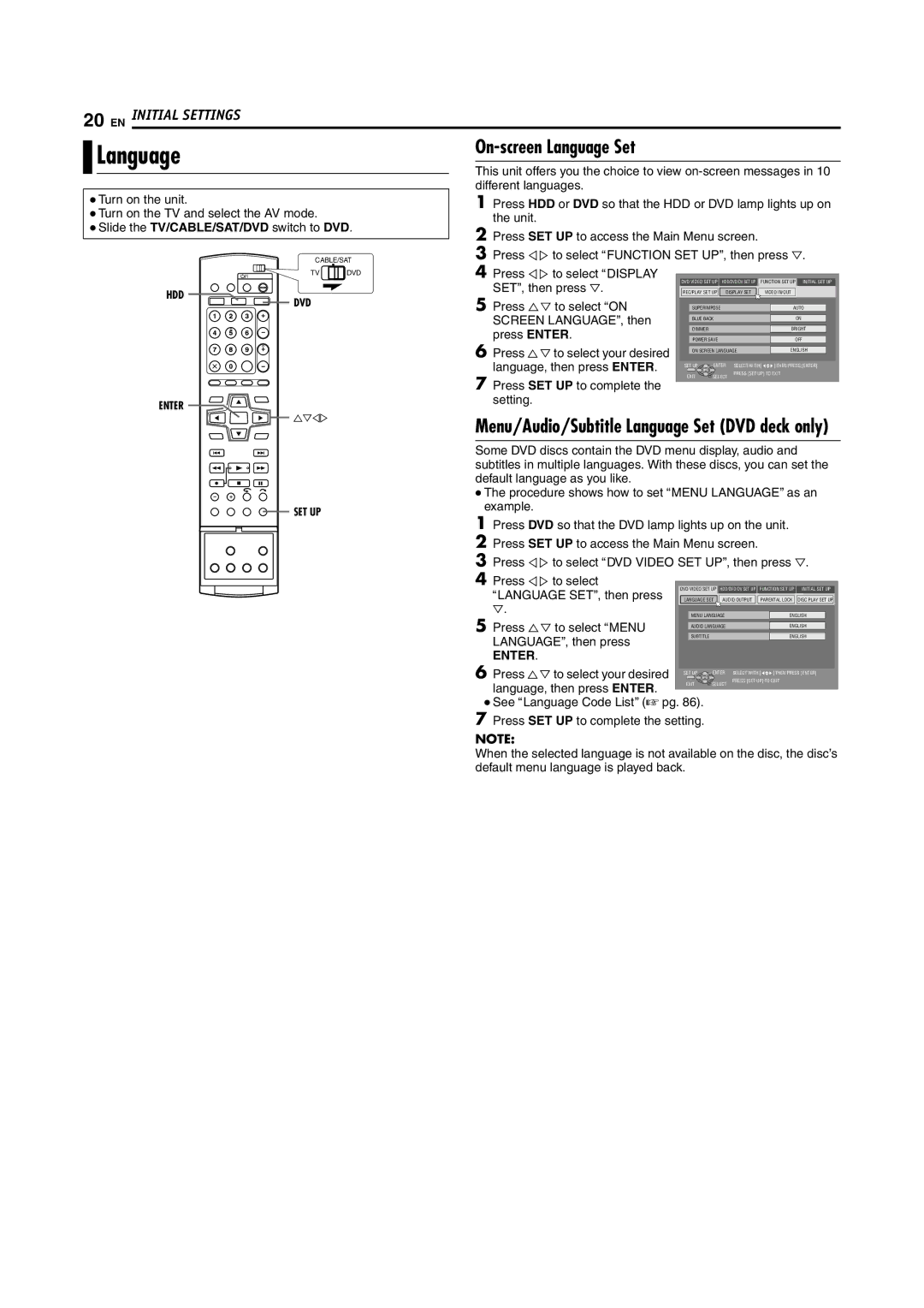 JVC SR-DVM70EU manual Menu/Audio/Subtitle Language Set DVD deck only, Enter 