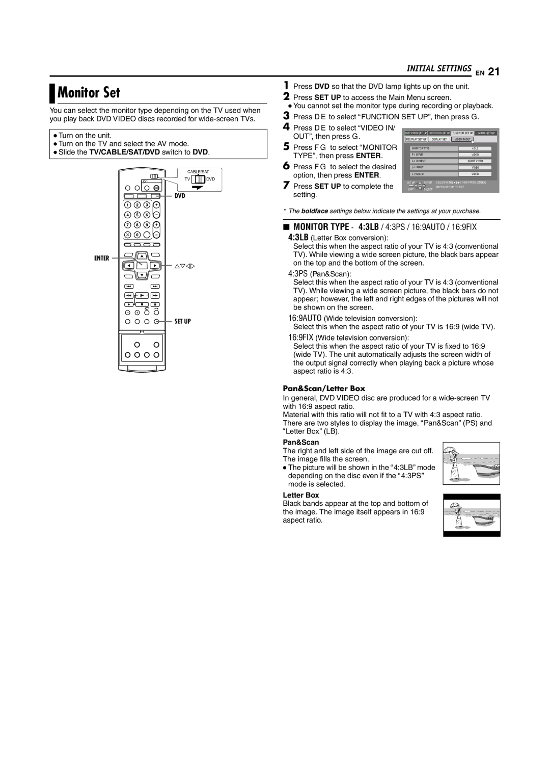 JVC SR-DVM70EU manual Monitor Set, Pan&Scan/Letter Box 