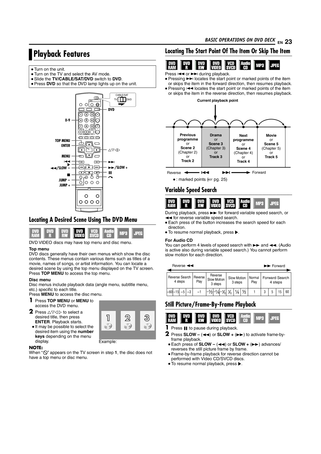 JVC SR-DVM70EU manual Playback Features, Variable Speed Search, Still Picture/Frame-By-Frame Playback 