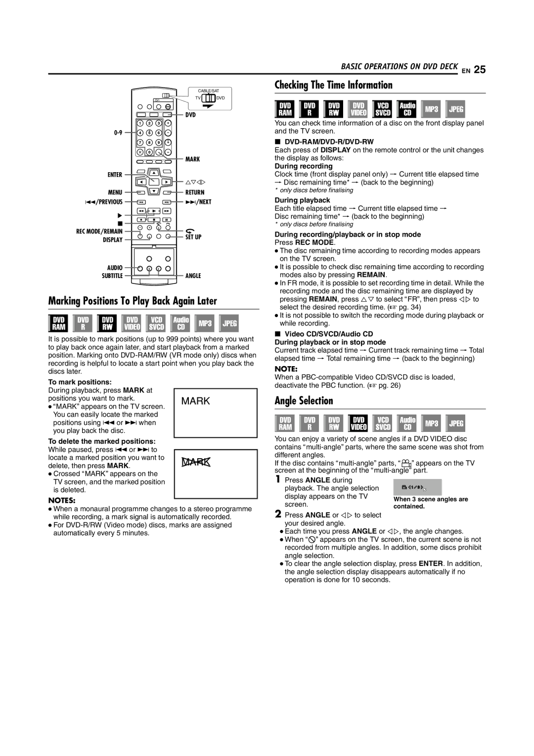 JVC SR-DVM70EU manual Marking Positions To Play Back Again Later, Checking The Time Information, Angle Selection 