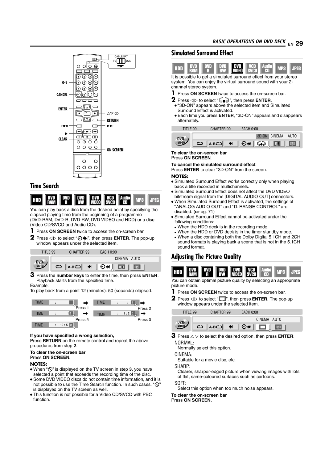 JVC SR-DVM70EU manual Time Search, Simulated Surround Effect, Adjusting The Picture Quality 