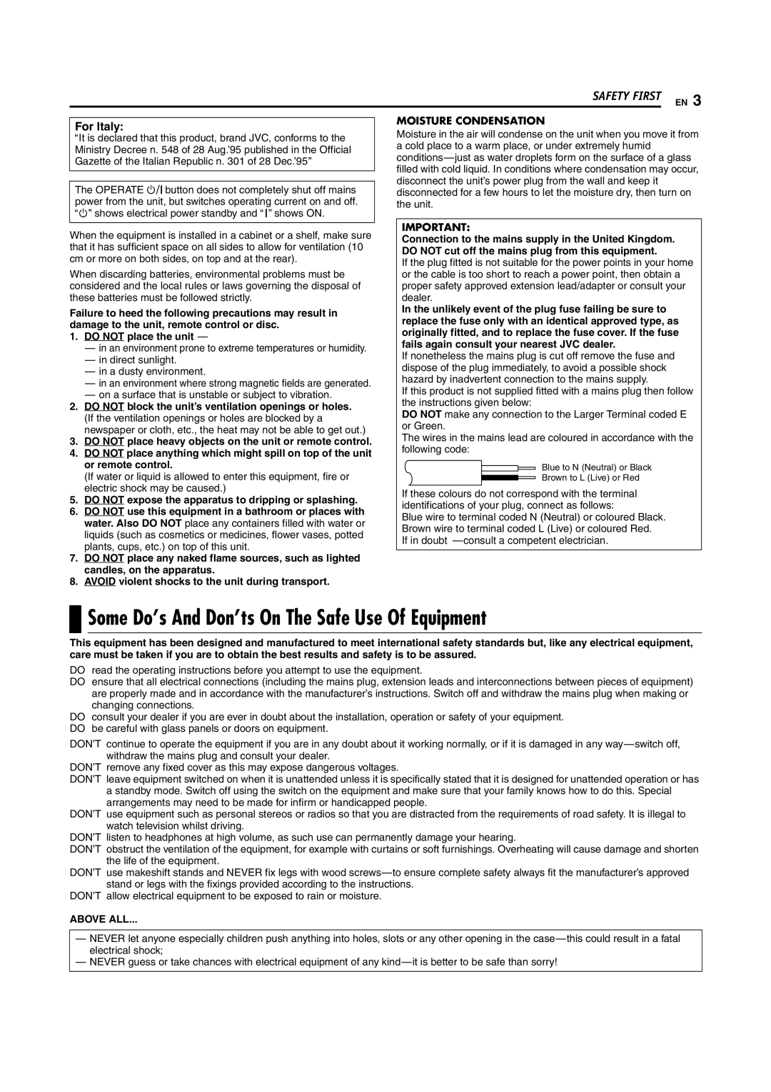 JVC SR-DVM70EU manual Some Do’s And Don’ts On The Safe Use Of Equipment, Above ALL 