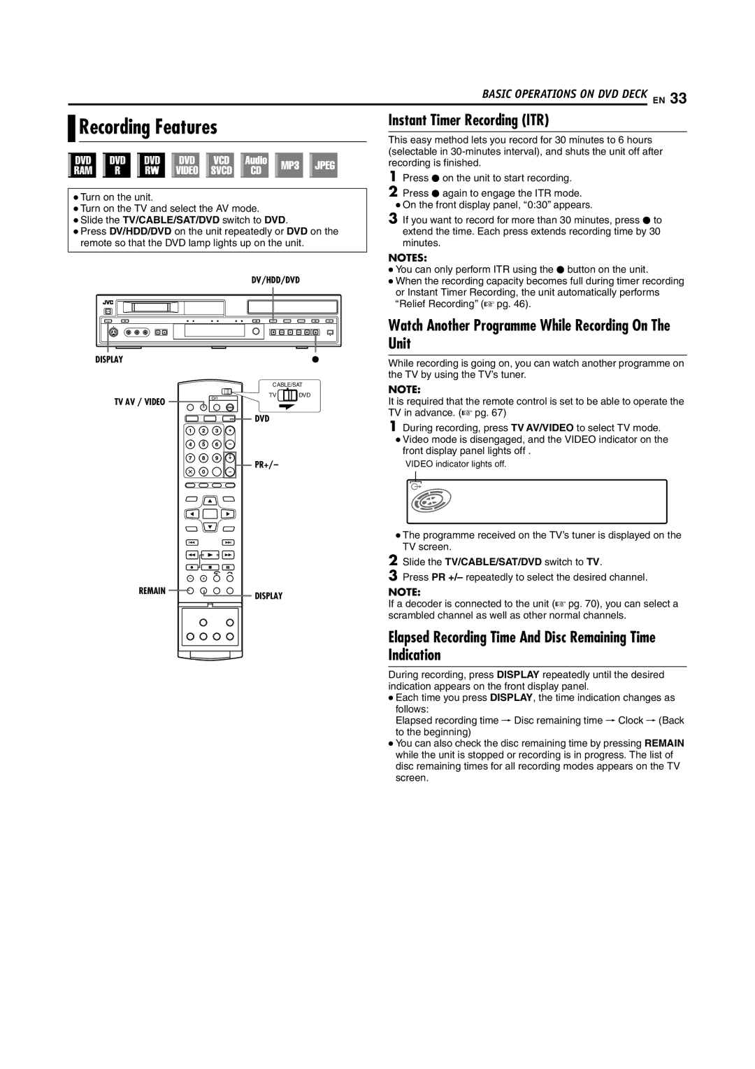 JVC SR-DVM70EU manual Recording Features, Instant Timer Recording ITR, Watch Another Programme While Recording On The Unit 