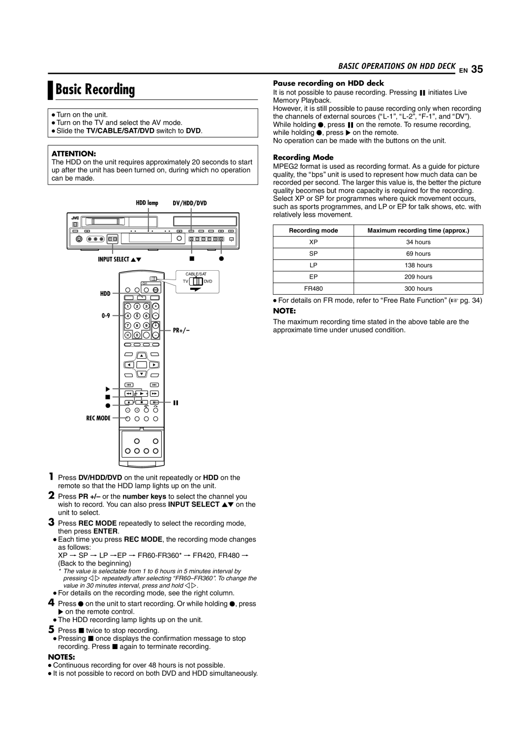 JVC SR-DVM70EU manual Basic Recording, Pause recording on HDD deck, Memory Playback 