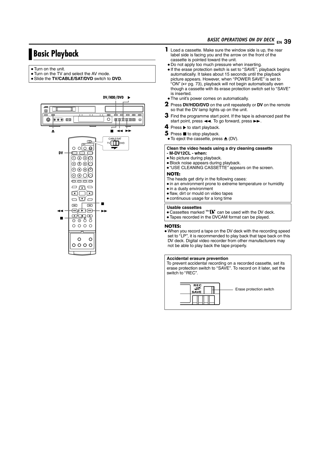 JVC SR-DVM70EU manual Usable cassettes, Accidental erasure prevention 