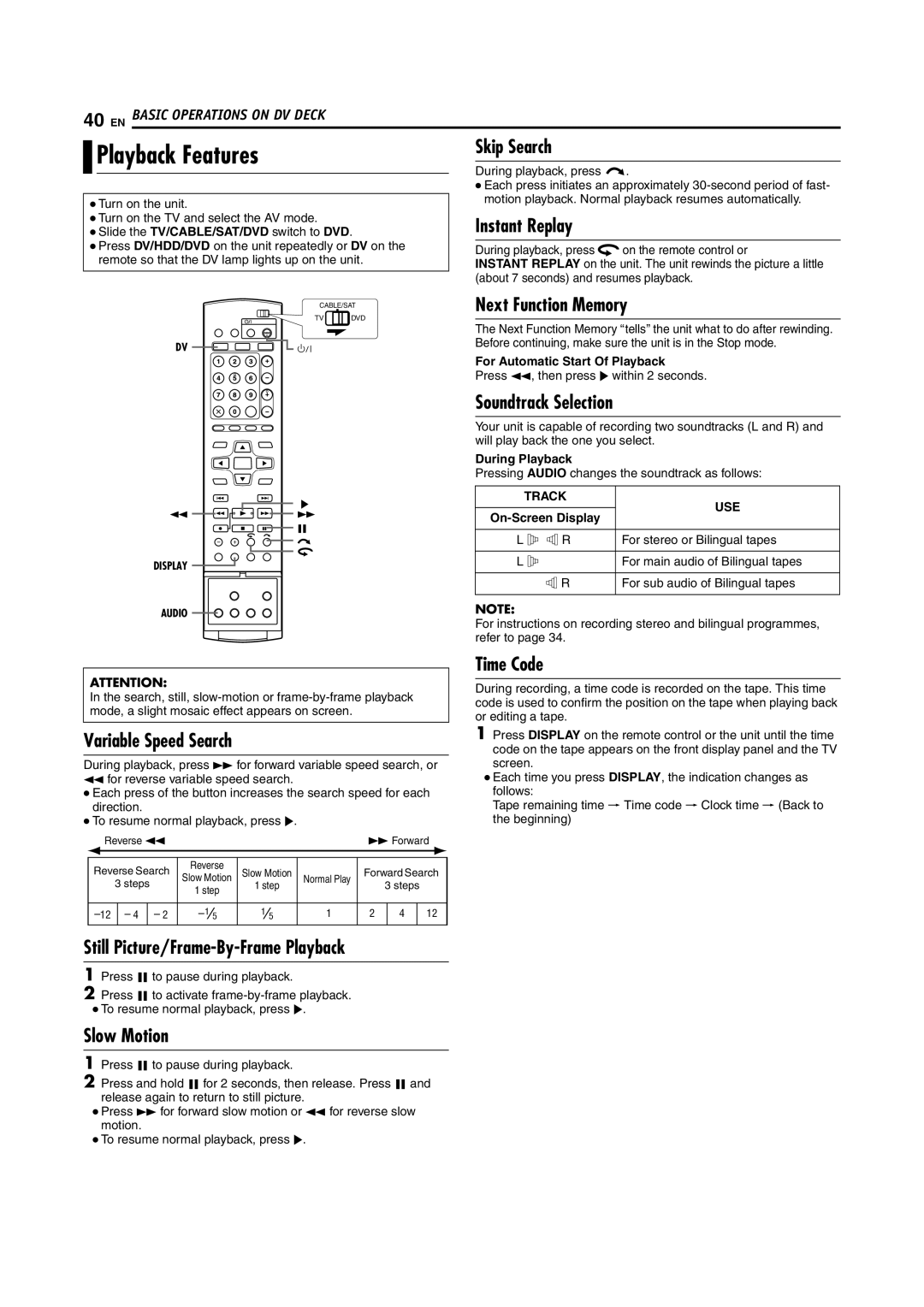 JVC SR-DVM70EU manual Next Function Memory, Soundtrack Selection, Time Code, For Automatic Start Of Playback 