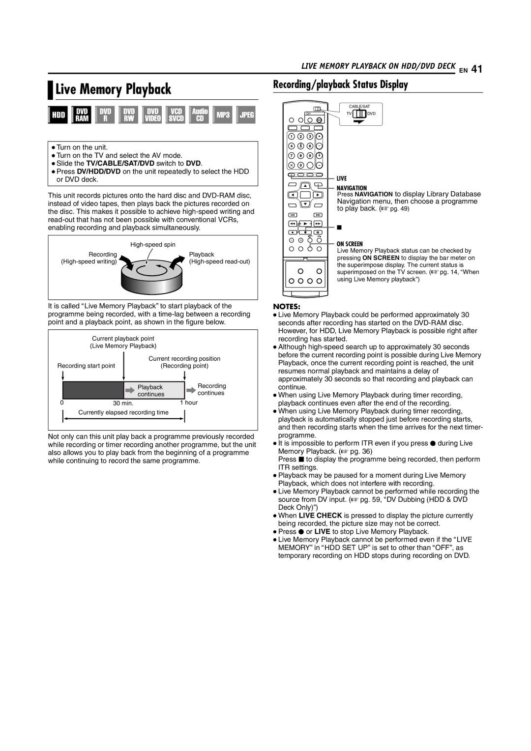 JVC SR-DVM70EU manual Recording/playback Status Display, Press R or Live to stop Live Memory Playback 