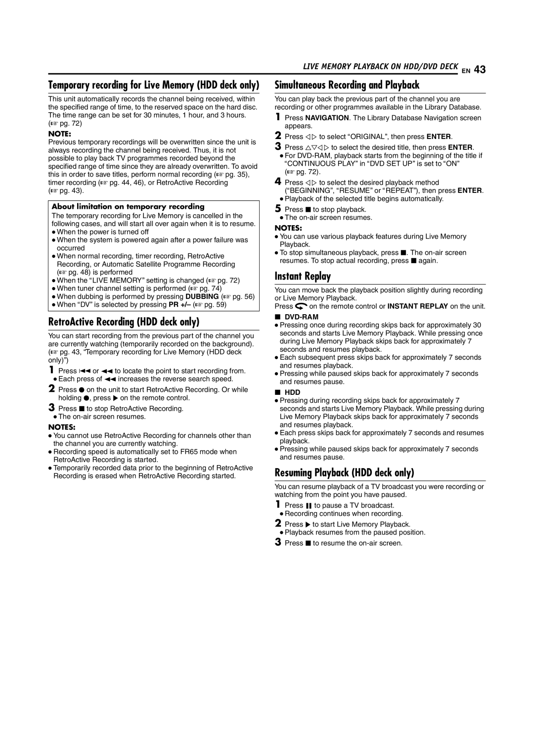 JVC SR-DVM70EU RetroActive Recording HDD deck only, Simultaneous Recording and Playback, Resuming Playback HDD deck only 
