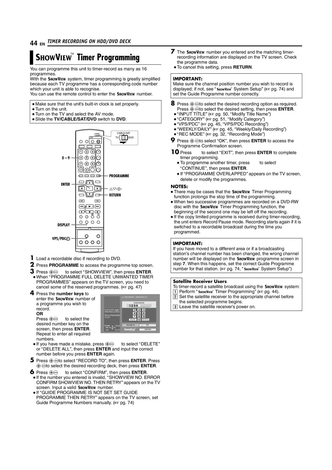 JVC SR-DVM70EU manual BTimer Programming, Satellite Receiver Users 