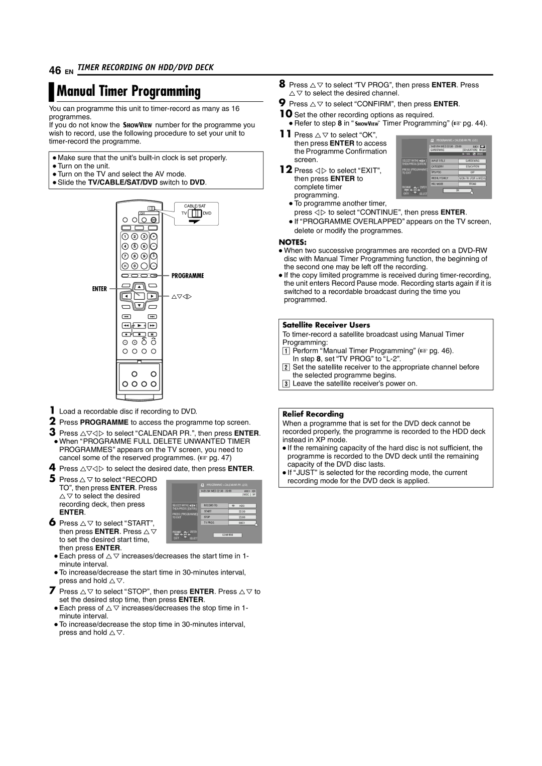 JVC SR-DVM70EU manual Manual Timer Programming, Relief Recording 