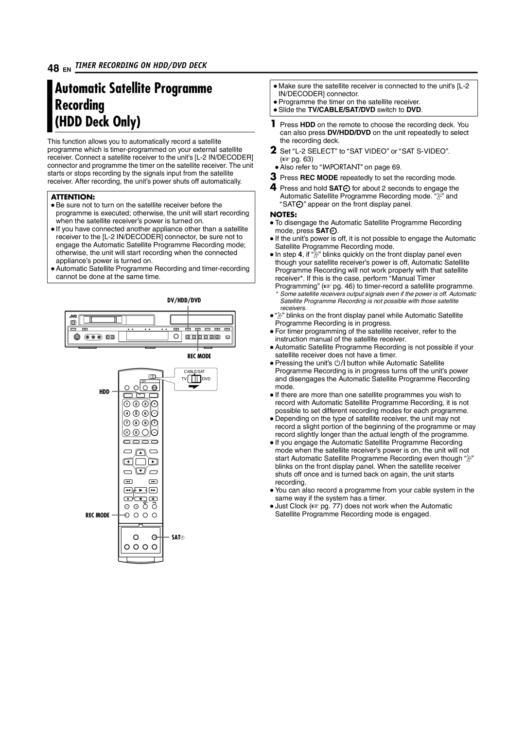 JVC SR-DVM70EU manual Recording, HDD Deck Only 