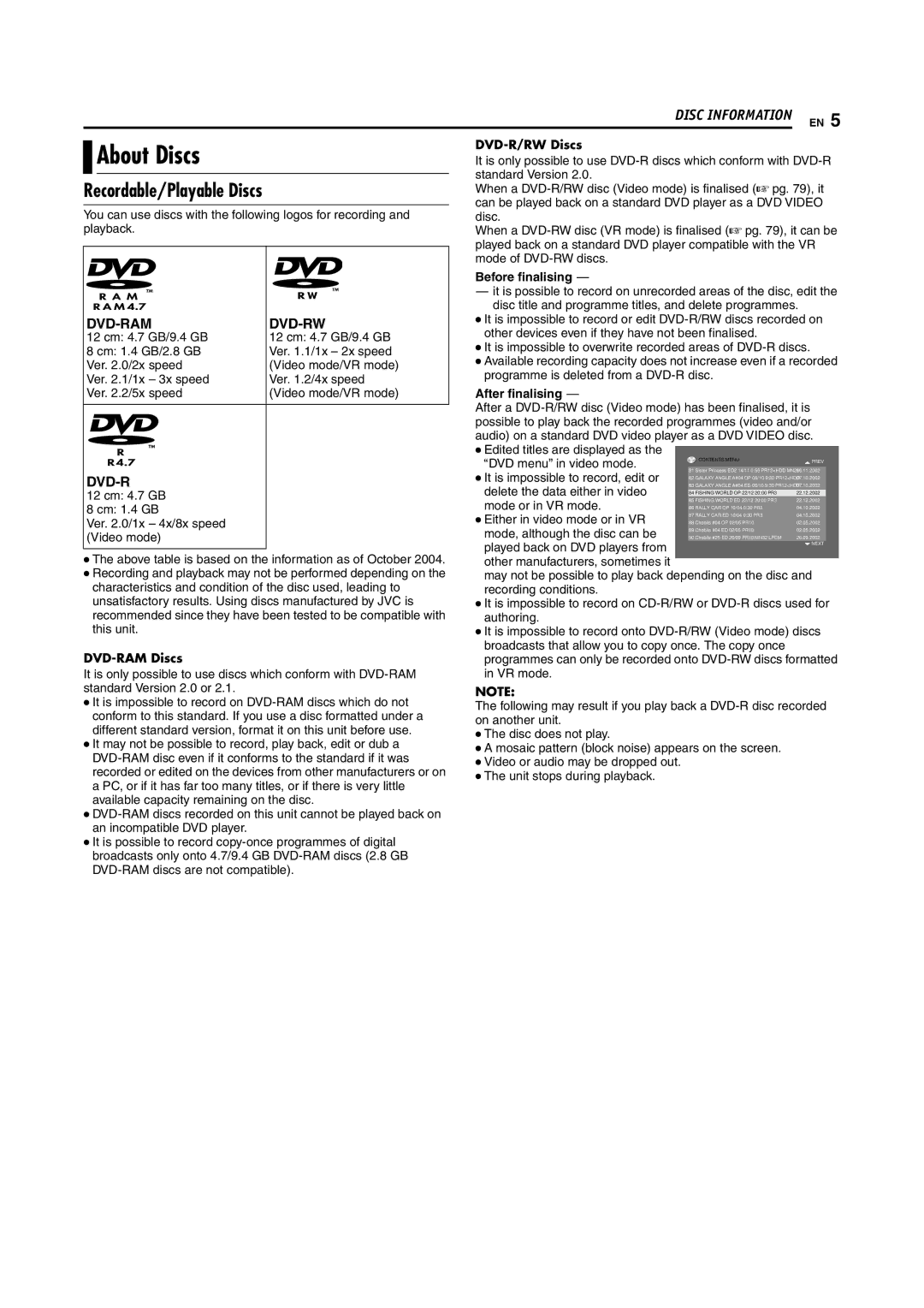 JVC SR-DVM70EU manual About Discs, Recordable/Playable Discs, DVD-R/RW Discs, DVD-RAM Discs 