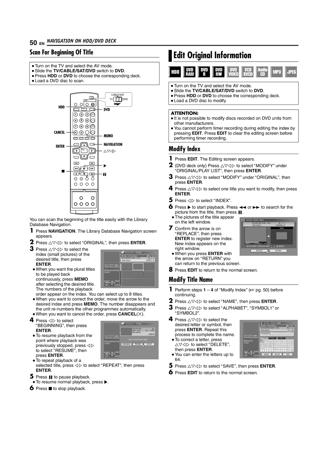 JVC SR-DVM70EU manual Scan For Beginning Of Title Edit Original Information, Modify Index, Modify Title Name 