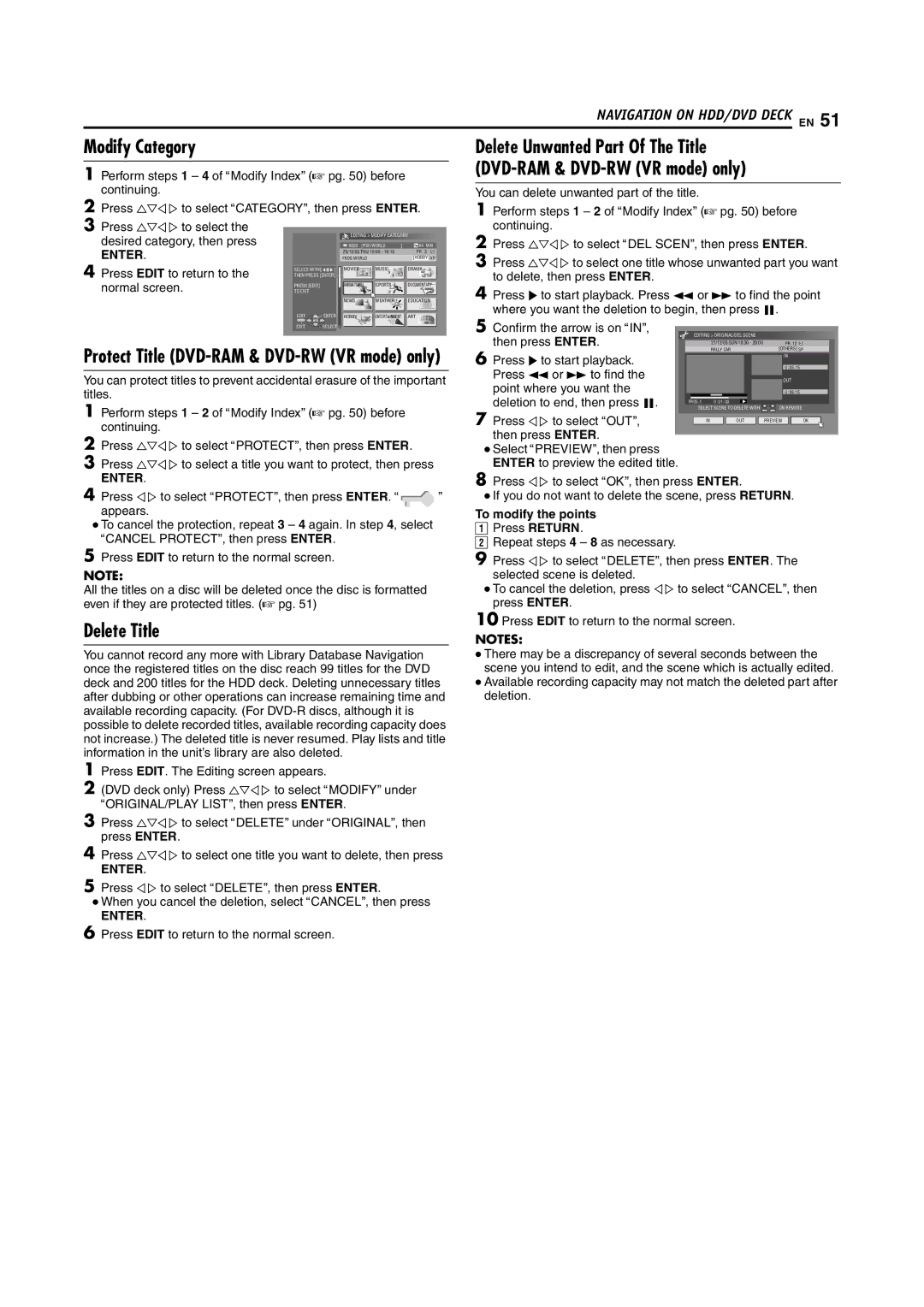 JVC SR-DVM70EU manual Modify Category Unwanted Part Of The Title, RAM & DVD-RWVR mode only, Protect Title DVD, Delete Title 