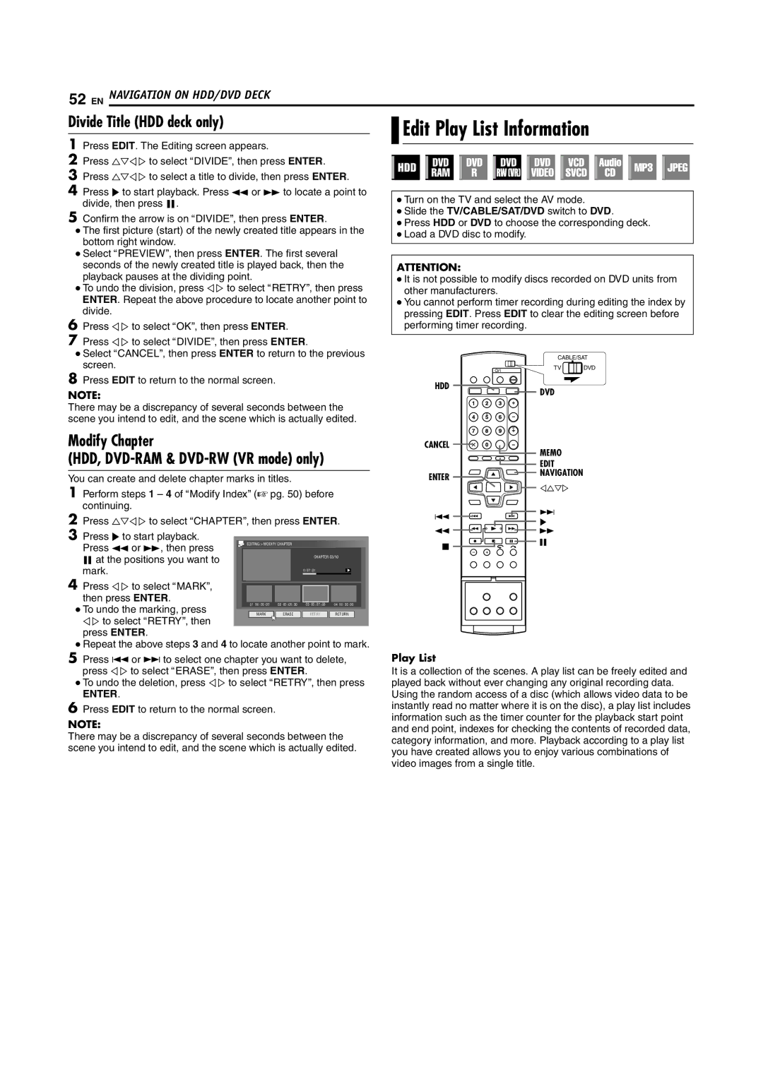 JVC SR-DVM70EU manual Edit Play List Information, Divide Title HDD deck only, Modify Chapter 