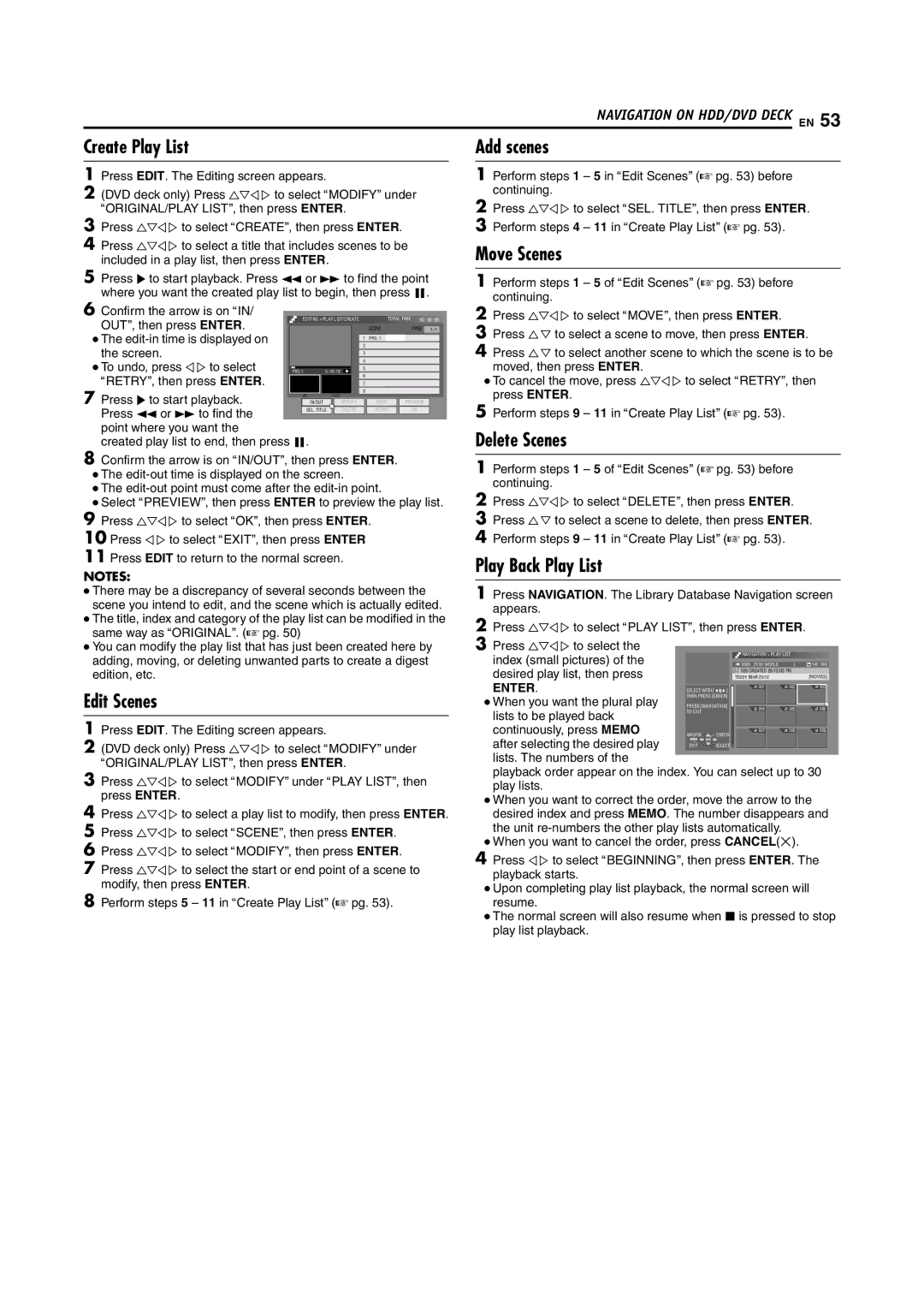 JVC SR-DVM70EU manual Create Play List, Move Scenes, Delete Scenes, Edit Scenes, Play Back Play List 