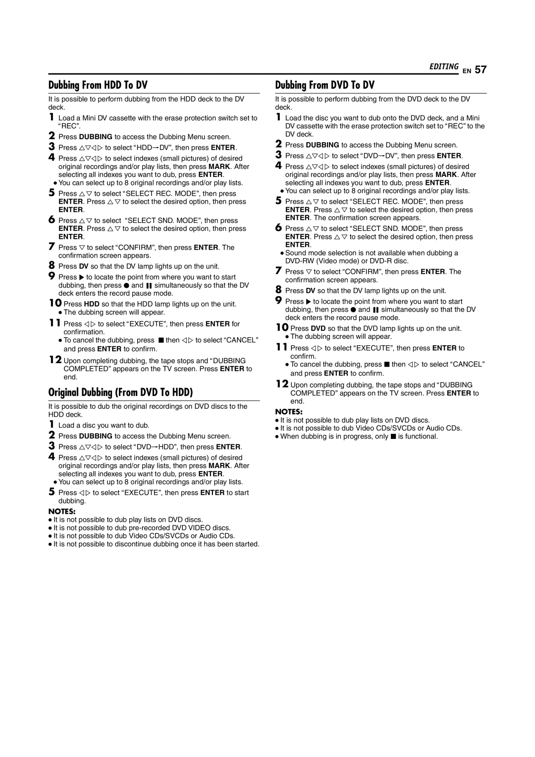 JVC SR-DVM70EU manual Dubbing From HDD To DV, Original Dubbing From DVD To HDD, Dubbing From DVD To DV 
