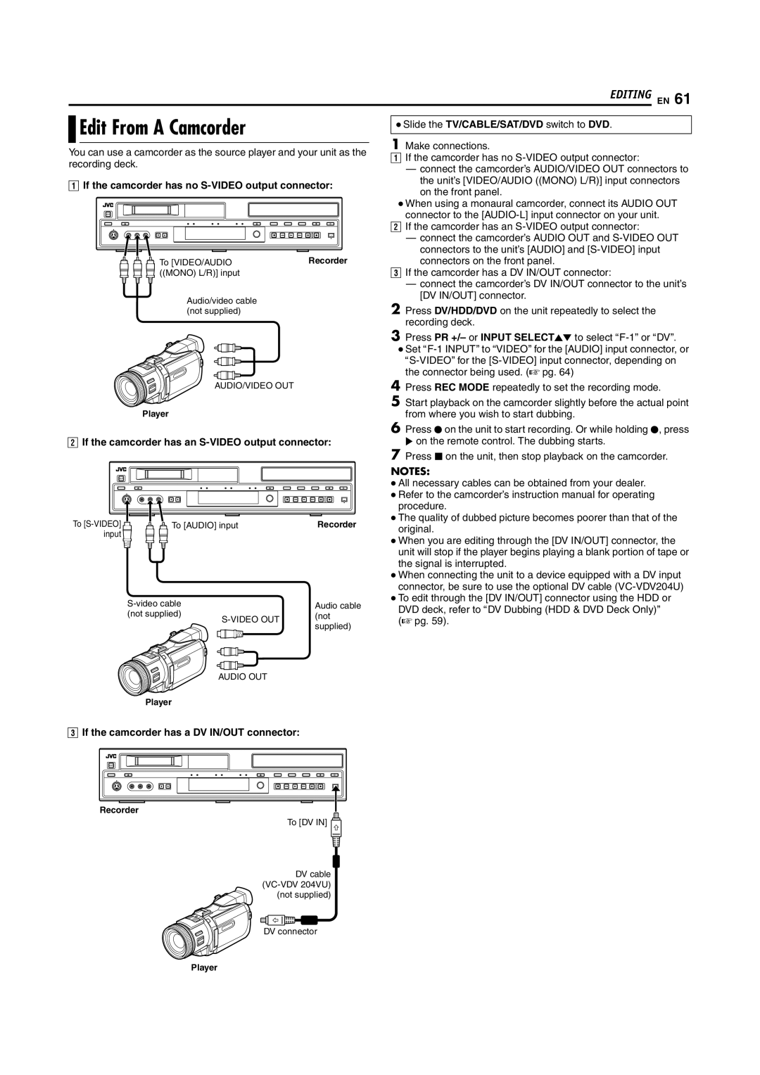 JVC SR-DVM70EU manual Edit From a Camcorder, If the camcorder has no S-VIDEO output connector 