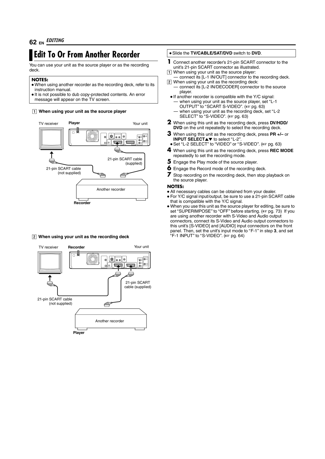 JVC SR-DVM70EU manual When using your unit as the source player, When using your unit as the recording deck 