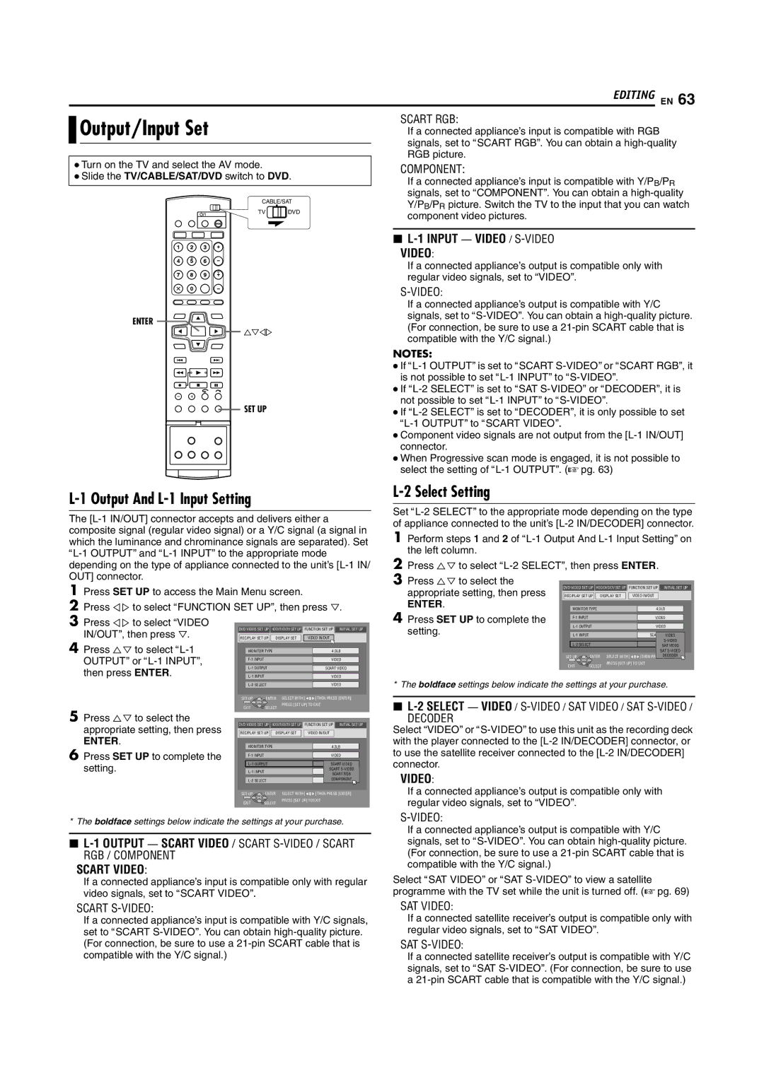 JVC SR-DVM70EU manual Output/Input Set, Output And L-1 Input Setting, 2Select Setting 