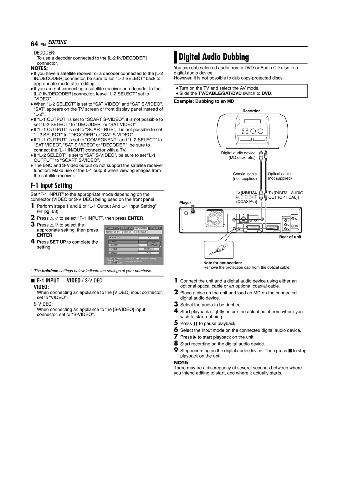 JVC SR-DVM70EU manual Digital Audio Dubbing, Input Setting, Example Dubbing to an MD 