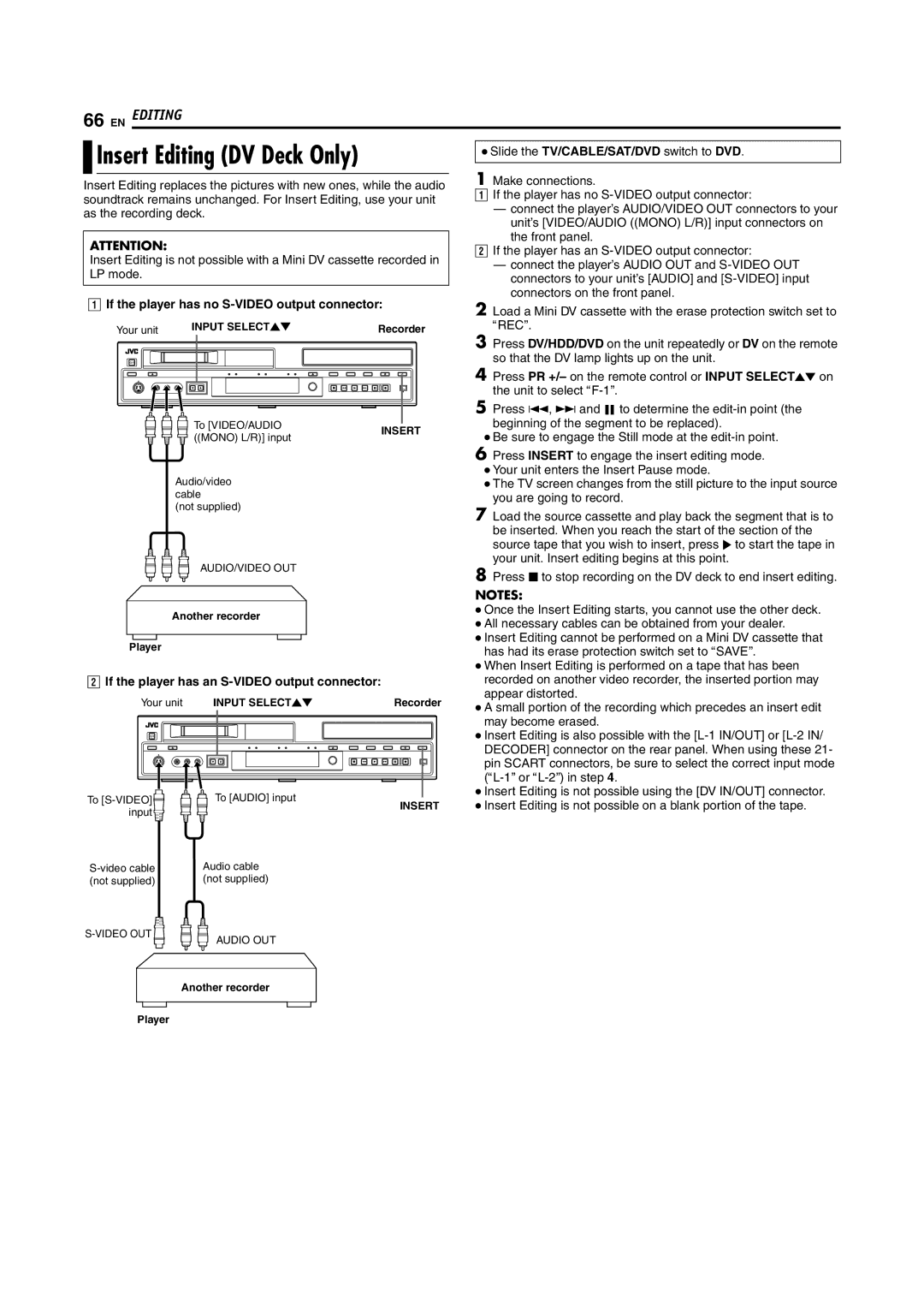 JVC SR-DVM70EU manual Insert Editing DV Deck Only, If the player has no S-VIDEO output connector 