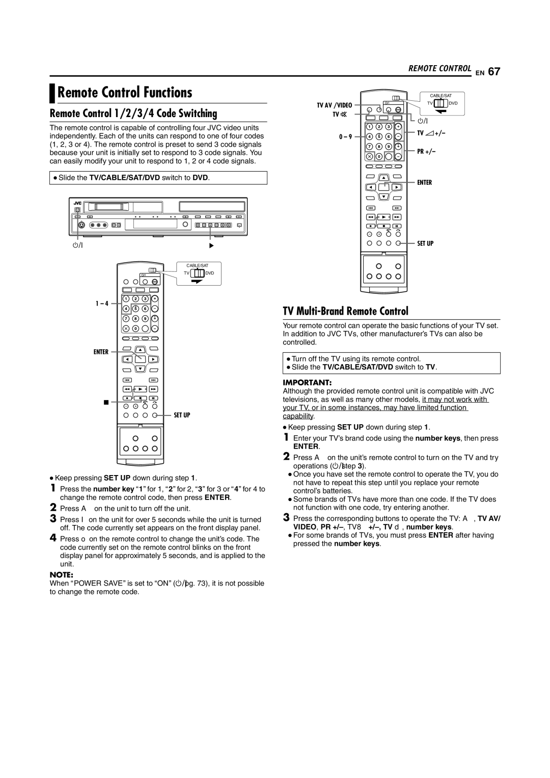 JVC SR-DVM70EU manual Remote Control Functions, Remote Control 1/2/3/4 Code Switching, TV Multi-Brand Remote Control 