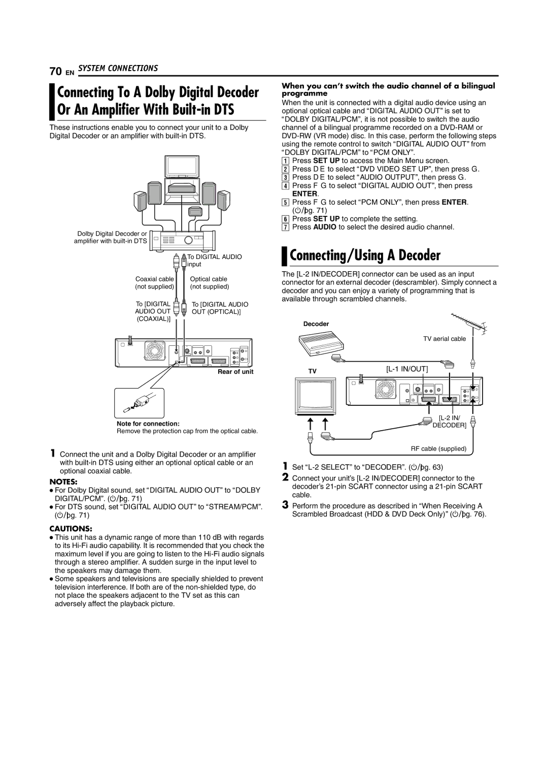 JVC SR-DVM70EU manual Connecting/Using a Decoder, Connecting To a Dolby Digital Decoder, Programme 