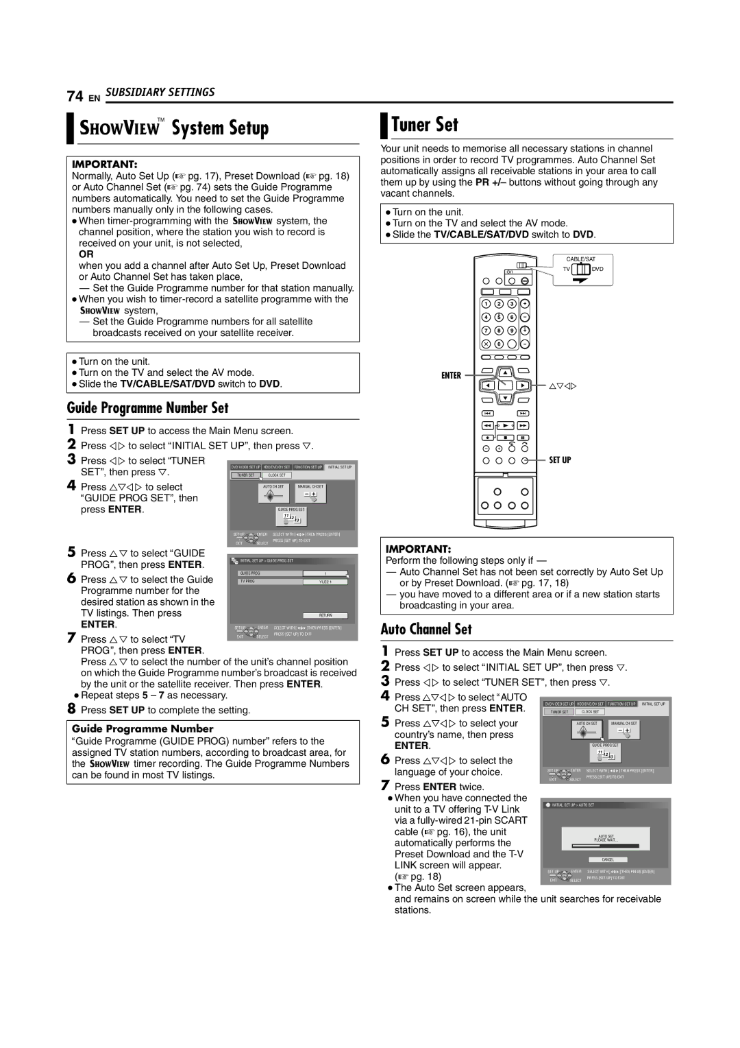 JVC SR-DVM70EU manual BSystem Setup, Tuner Set, Guide Programme Number Set, Auto Channel Set 